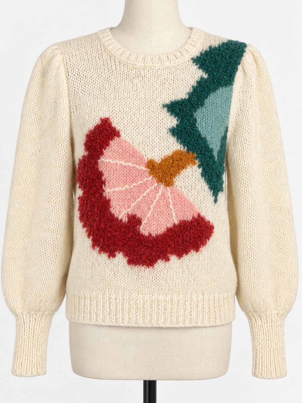 Christine by Larcotex Wool Blend Cream Floral Appliqué Vintage Knit Sweater Sz M